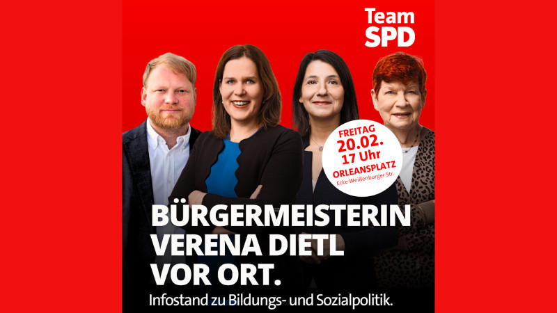 Plakat mit (v.l.) Falko Blumenthal, BMin Verena Dietl, ea. StRin Anne Hübner, Georgina Wismeyer